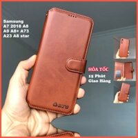 Bao da ốp lưng điện thoại Samsung A7 2018 A8 A9 A8+ A73 A23 A8 star kèm ví gập nắp da thật mềm mịn bền màu - azns