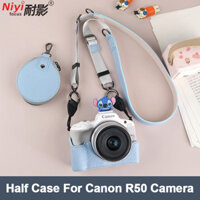 Bao Da PU Đế Canon EOS R50 R100 R10 Camera Bảo Vệ Nửa Thân Vỏ Bao Da Túi Phụ Kiện