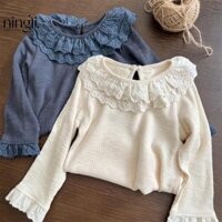 ❀Báo Qinzi❀Hàng sẵn có Bé Gái Phong Cách Phương Tây Áo Chui Đầu Cổ Lá Sen Áo Len Dài Tay Xuân Thu 2024 Phong Cách Mới Bé Gái Màu Trơn Đáy Top