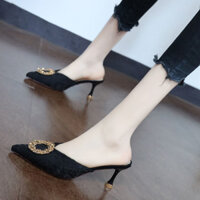 Baotou Nửa Dép Nữ Mặc Ngoài Giày Cao Gót Gót Mũi Nhọn 2023 Mùa Hè Phù Hợp Với Kim Cương Giả Dép Dép Hạ Miệng Giày Nữ