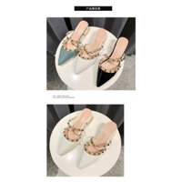 Baotou Nửa Dép Sandal Với Mũi Nhọn Dày Gót Thấp Gót Thời Trang Bên Ngoài Mặc Đinh Tán Bằng Sáng Chế Da Influencer San