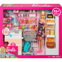 Barbie Doll and Supermarket Playset with 25 Grocery Store and Food-Themed Accessories FRP01 Bộ Đồ Chơi Đóng Vai Siêu Thị Với 25 Cửa Hàng Và Thức Ăn Dành Cho Búp Bê FRP01