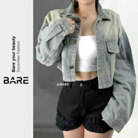 BARE_Áo khoác jean croptop nữ, áo chống nắng nữ freesize form thường phối túi lật màu loang phong cách cá tính- AK016