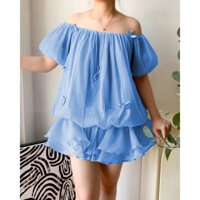 BARE_Áo trễ vai tay bồng form rộng 2 tầng quả bí ngô đính nơ xinh kèm quần trong kiểu bánh bèo- A278