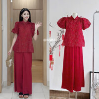 BARE_Set Bộ Cách Tân Tay Bồng Chất Voan In Hoa Nổi Đính Dây Cột Nơ, Áo Cổ Tàu Tay Phồng Đón Tết_A456