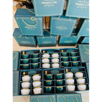 Bát ăn cơm 6 món kèm đũa mạ vàng và hộp đựng, Bộ chén dĩa, chén sứ, Bộ 6 bát ăn cơm viền vàng cao cấp