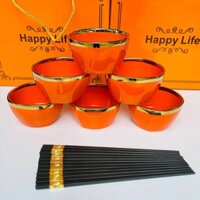 Bát ăn cơm HAPPY LIFE 6 món kèm đũa mạ vàng và hộp đựng, Bộ 6 bát ăn cơm viền vàng bằng sứ cao cấp