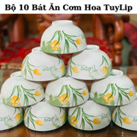 Bát Ăn Cơm Hoa Tuylip Gốm Sứ Cao Cấp Bộ 10 Bát Hoa Xanh Chén Ăn Cơm Sứ Chịu Nhiệt