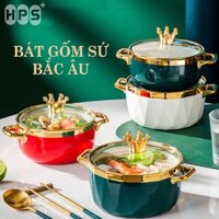 Bát ăn mì có nắp,bát ô tô sứ, chất men sứ cao cấp, thiết kế phong cách Bắc Âu dung tích 1.1L