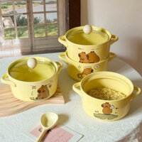 Bát ăn mì , Tô úp mì bằng sứ có nắp hoạ tiết gấu dễ thương tặng kèm thìa sứ