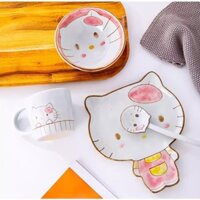 🌸BÁT CHÉN MUỖNG DĨA GỐM SỨ KITTY VẼ BẰNG TAY CAO CẤP🌸