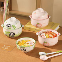 Bát Cơm Gốm Chịu Nhiệt Độ Cao Bát Canh Dung Tích Lớn Có Nắp Bát Gấu Trúc Đôi Tai Bát Gốm