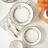 Bát cơm gốm sứ dòng hoạt hình gấu trúc đen trắng tối giản, đĩa tròn, bát cạnh dày, bộ đĩa bát cha mẹ và con dưới màu glaze