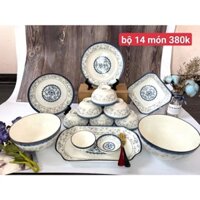 Bát Đĩa-bộ bát đĩa hoa dây [14 món] Bộ chén dĩa sứ bát tràng cao cấp
