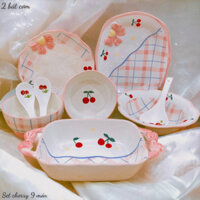 Bát Đĩa Gốm Sứ Decor, Bát Ăn Cơm, Bát Ăn Chè, Chén Dĩa Dễ Thương Bộ Bát Đĩa Chery Hồng 3D Nổi Cực Xinh Yêu Cho Gia Đình