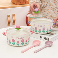 Bát đĩa sứ Decor, Bát ăn cơm, Tô ăn mì, Bát úp mì Tô phở Âu cơm canh hoạ tiết hoa tulip kèm nắp kính