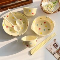 Bát Gốm Đĩa Kem Màu Chấm Bộ Đồ Ăn Hộ Gia Đình Bát Gốm Bộ Thìa Bát Cơm Đĩa