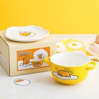 Bát hai tai Gudetama Bát giữ nhiệt bằng gốm có nắp / Lòng đỏ trứng Brother Bát hai tai Gốm bong bóng mì Bát có nắp ký túc xá sinh viên Bộ đồ ăn đơn giá trị cao