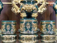 Bát hương Bát Tràng men xanh lục bảo đắp nổi rồng vẽ vàng 24k đường kính 25 cm