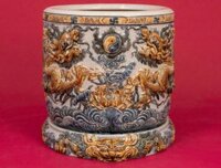 Bát hương họa tiết rồng hoa sen men rạn xanh điểm vàng đường kính 30cm họa tiết đắp nổi