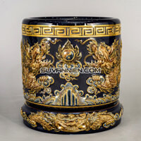 Bát Hương – Men Xanh Coban – Dáng Ống – Vẽ Vàng Rồng