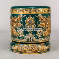 Bát Hương – Men Xanh Lục Bảo – Dáng Ống – Vẽ Vàng Rồng