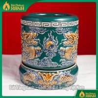 Bát hương xanh lục bảo Bát Tràng (chưa đế), Họa Tiết Song Long Chầu Nguyệt Đắp Nổi Bát Tràng