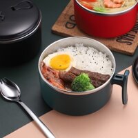 Bát inox úp mì có tay cầm chống nóng, Tô ăn mì sang trọng có nắp đậy tiện lợi