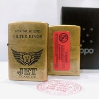Bật lửa, hộp quẹt Zippo khắc chìm JET CIGARETTES Màu vàng loại giả cổ - Vỏ đồng có tem đỏ