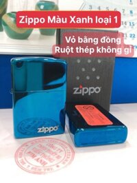 BẬT LỬA, HỘP QUẸT ZIPPO MÀU XANH SAPHIRE LOẠI TRƠN BÓNG, Vỏ bằng đồng ruột thép không gỉ có tem đỏ
