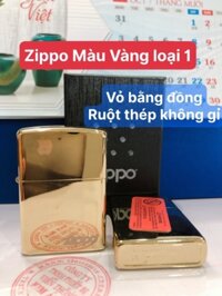 Bật Lửa, Hộp quẹt Zippo trơn màu Vàng Bóng, Vỏ bằng đồng ruột thép không gỉ có tem đỏ