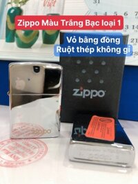 Bật lửa, hộp quẹt Zippo USA, Màu Trắng Bạc Loại Trơn Bóng, Vỏ bằng đồng ruột thép không gỉ có tem đỏ