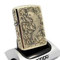 Bật Lửa Zippo Armor Đồng Nguyên Khối Khắc Chủ Đề Cá Chép Hoa Văn ZKB125