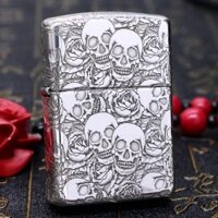 Bật Lửa Zippo Bạc Nguyên Khối Cao Cấp Khắc Năm Mặt Đầu Lâu Hoa Hồng Vỏ Dày Armor 5 mặt -ZB24