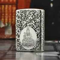 Bật lửa Zippo Bạc nguyên khối khắc Quan Thế Âm Bồ Tát - Authentic ZP 925 sterling silver around the carved Xiangyun Guanyin Bodhisattva six words mantra