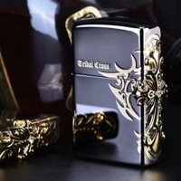 Bật lửa Zippo gương đen khắc thánh giá bên hông -