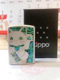 Bật lửa Zippo khắc chìm cẩn xà cừ mẫu Mèo may mắn màu trắng bạc Satin, vỏ đồng ruột thép không gỉ