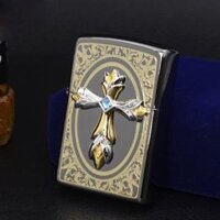 Bật lửa Zippo khắc nổi hình thánh giá mặt đen bóng -