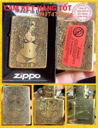 BẬT LỬA ZIPPO MẠ CHROME KHẮC CHÌM 5 MẶT, HÌNH THIẾU NỮ TÓC XOĂN -RUỘT VÀNG Vỏ đồng có tem đỏ