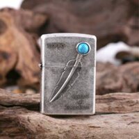 Bật lửa Zippo màu bạc cổ khắc nổi hình lông chim trạm ngọc Ấn Độ - Original genuine ZIPPO lighter ancient silver Indian turquoise feathers FM-S