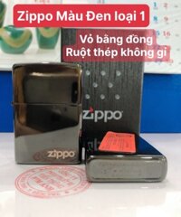 Bật lửa Zippo màu Đen bóng in Logo, Vỏ bằng đồng ruột thép không gỉ có tem đỏ
