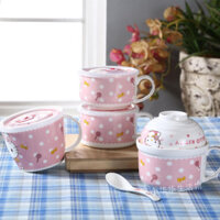 Bát sáng tạo dễ thương Hello Kitty, bát ăn liền có nắp, bát ăn sáng Hello Kitty dễ thương N8KF