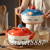 Bát sứ ăn mì, tô sứ úp mì hình Cua Cá có nắp sứ kiêm giá đỡ điện thoại phong cách sáng tạo