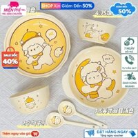 Bát sứ ăn mỳ có tay cầm kèm thìa hình cừu vàng dễ thương,tô nấu mỳ cừu vàng bộ 4 món(có hộp xốp)
