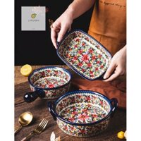 Bát sứ bát đựng súp bát mì họa tiết hoa có tay cầm bằng gốm phong cách Cổ Điển