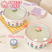 Bát sứ cao cấp họa tiết hoa tulip có quai kèm nắp đậy - Tô sứ ăn mì, súp dễ thương có tay cầm 2 quai