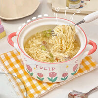 Bát sứ hoạ tiết hoa tuylip có quai xách kèm nắp đây- tô mì. tô canh
