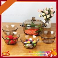 Bát Thủy Tinh Chịu Nhiệt Có Nắp Bộ 5 Chiếc - 1 Bát Thủy Tinh Có Nắp Và 4 Tô Thủy Tinh Nhỏ -  5 Thố Thủy Tinh Trong Suốt