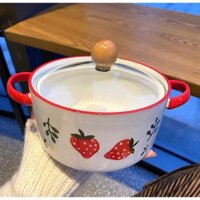 Bát tô sứ có nắp kính họa tiết dâu tây dung tích 900ml decor trang trí bàn ăn, đựng canh ăn mỳ tôm cực xinh yêu
