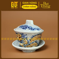 Bát trà cúng men rạn Song Long chầu Nguyệt gốm Bát Tràng cao cấp, chén nước ban thờ đẹp